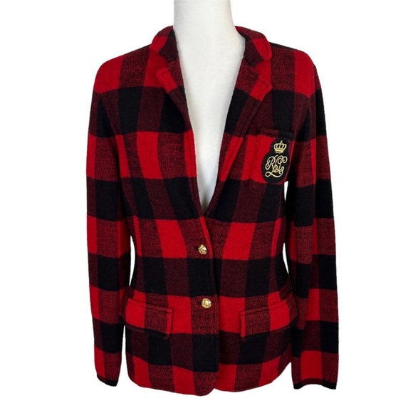Ralph Lauren Buffalo Check Plaid Wool Knit Sweater Blazer Jacket Crest Rugby Lg - Picture 5 of 13